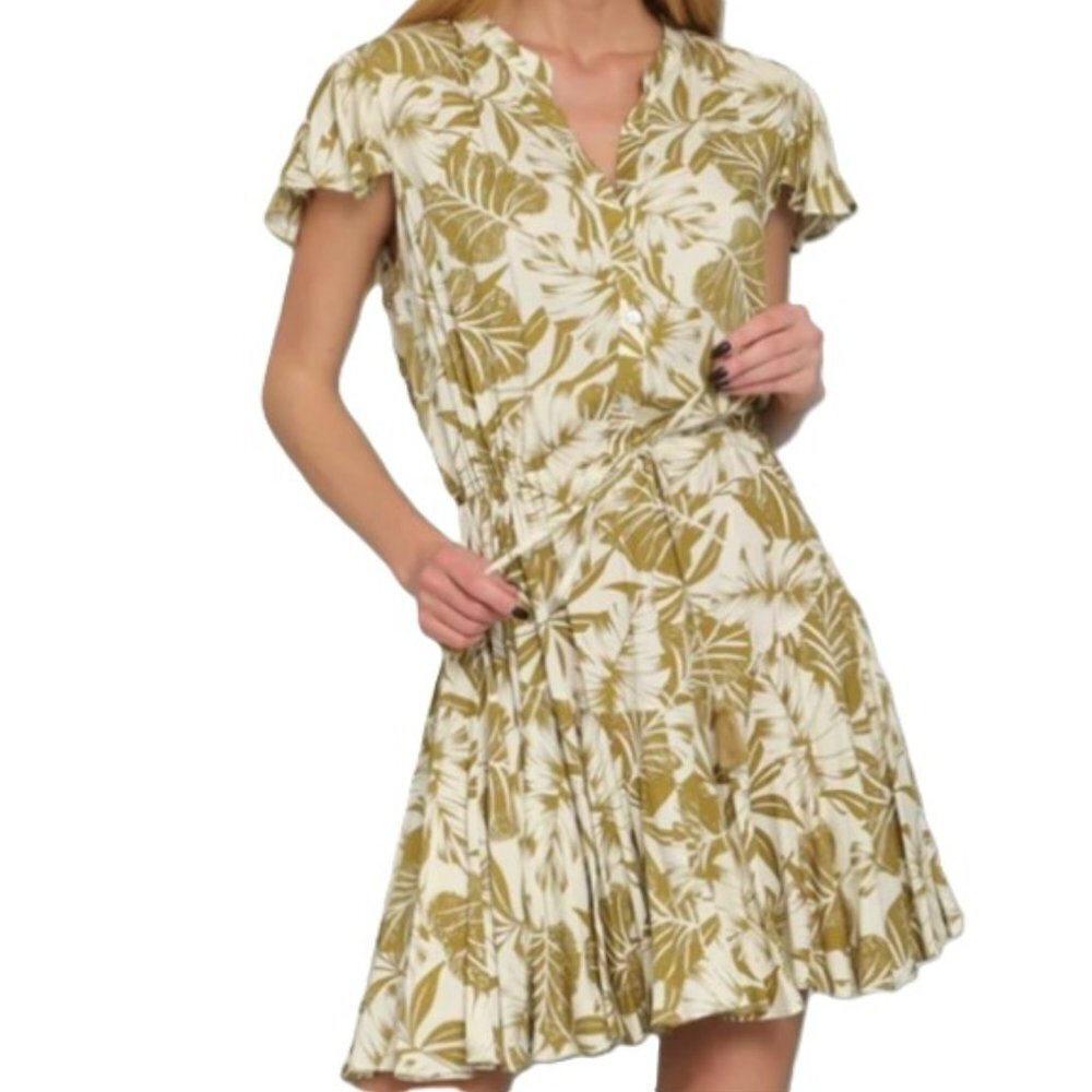 Aakaa Short Sleeve Button Down Front Tie Waisted Mini Dress Resort Boho Rayon